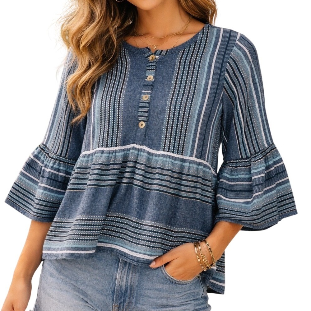 Blue Rain Women Blue S Henley Peplum Top Striped Bell Sleeve Excellent condition